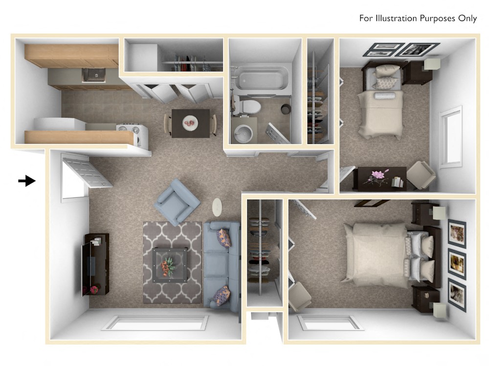 2 Bed 1 Bath Two Bedroom Floor Plan at Swiss Valley Apartments, Wyoming, 49509